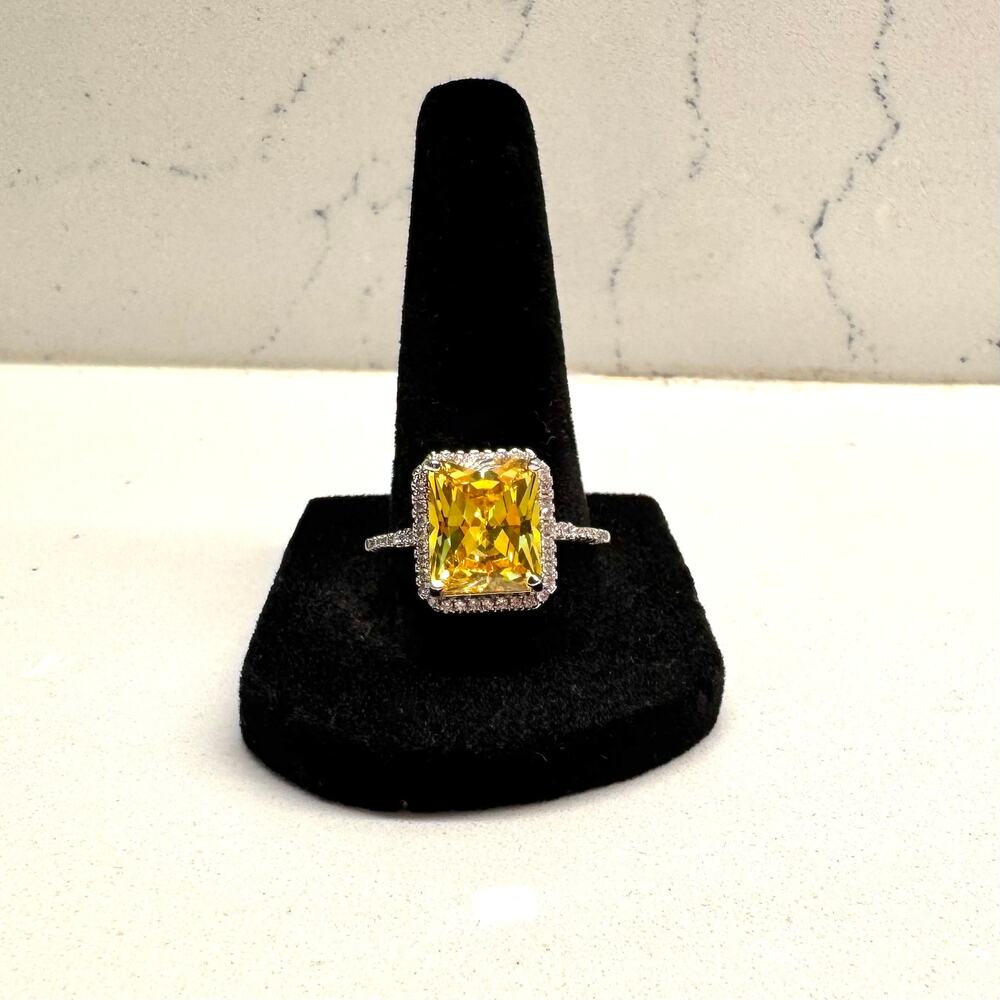 Golden Yellow Emerald Cut Halo Statement Cocktail Ring Silver Tone Size 9.25